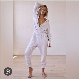 Free People White Heather Cozy Wrap-Top Jumpsuit